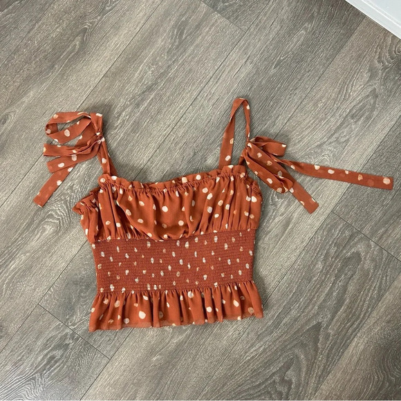 Aritzia Wilfred Ballad Camisole Tank Top Polka dot Crop Smocked  chiffon Orange - Picture 3 of 11